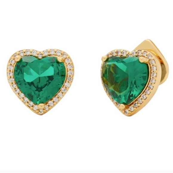 Kate Spade MY LOVE Pavé Heart Studs Earrings Emerald Gold - Picture 1 of 4